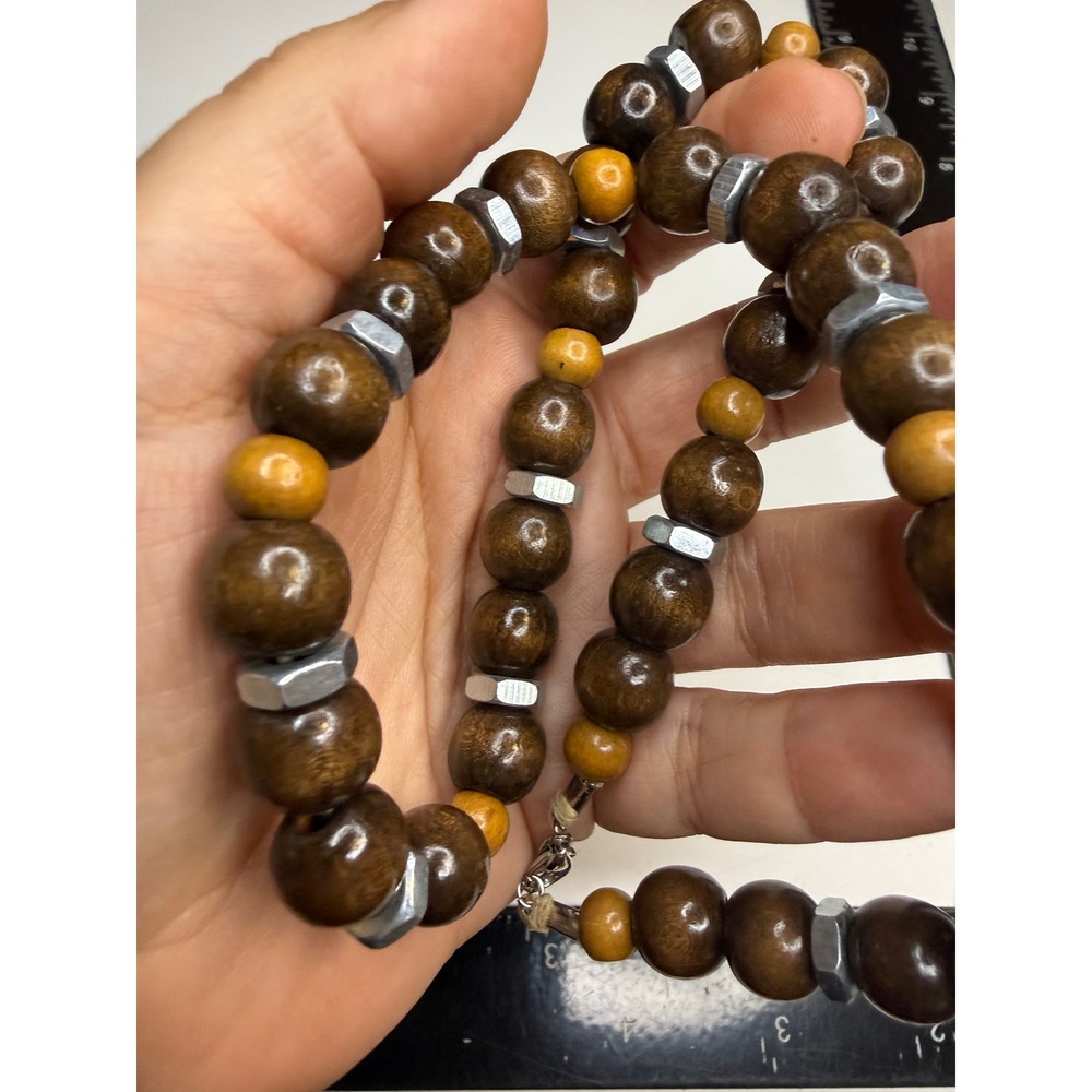 Handmade Brown Wood Bead Necklace with Silver Hex Nut Spacers 20 Inch